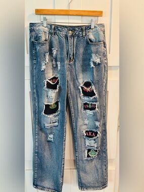 Women's Distressed Patchwork Blue Jeans